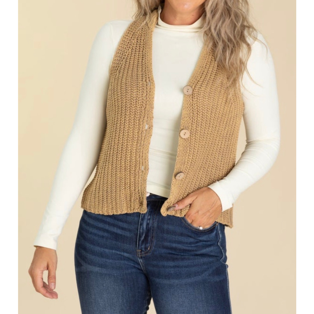 Women's White Birch Tan Knit Button-Up Vest L - Picture 2 of 5